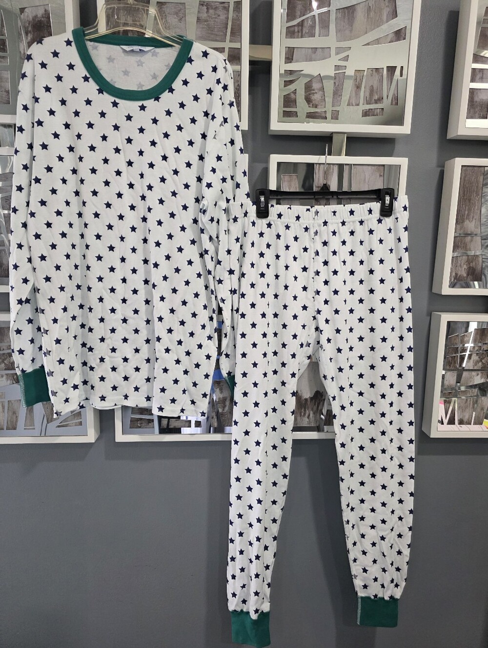 Womens  White Star-Print Pajama Set with Green Trim